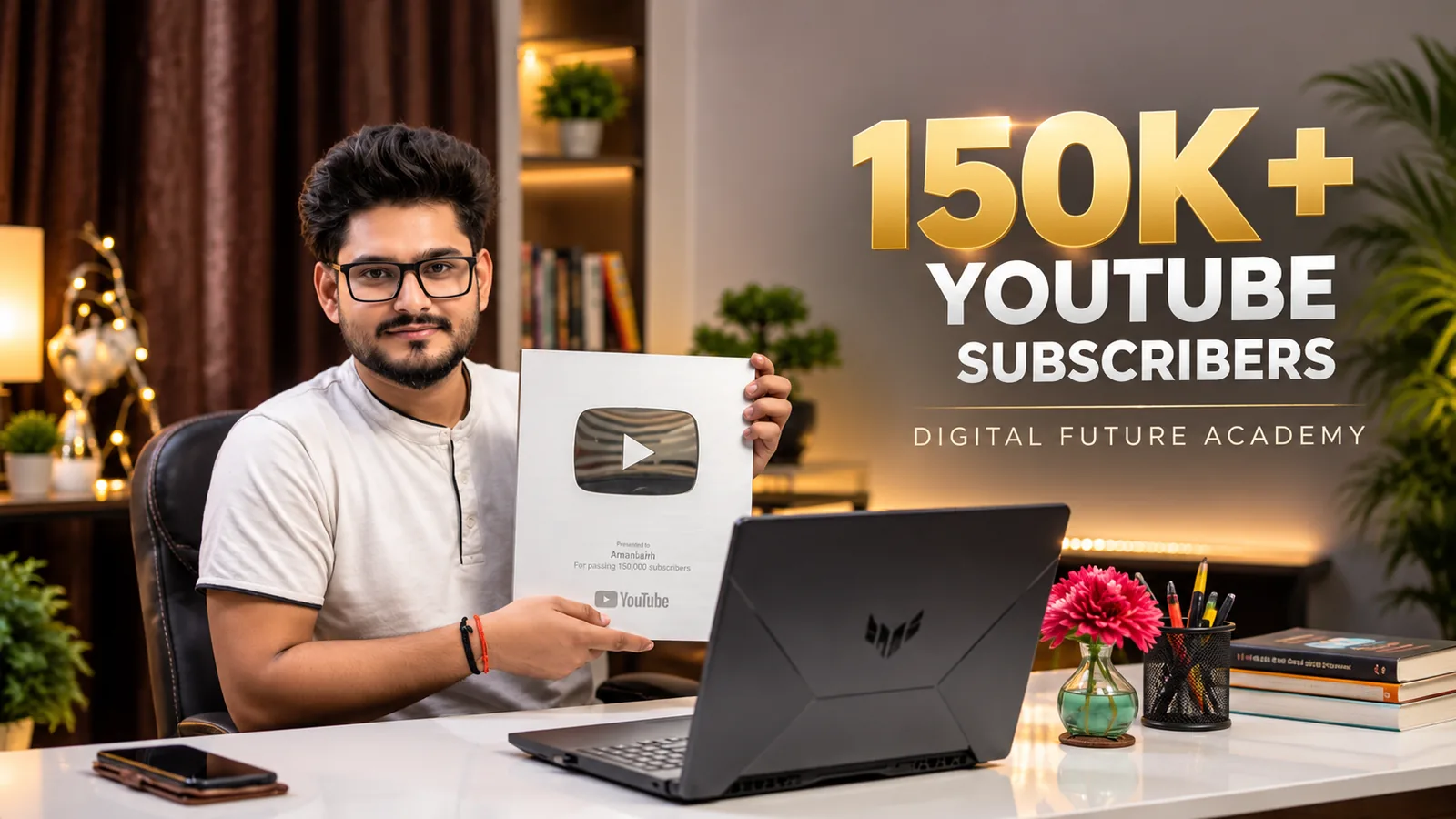Ashish Verma with the YouTube Silver Play Button – 150K+ subscribers
